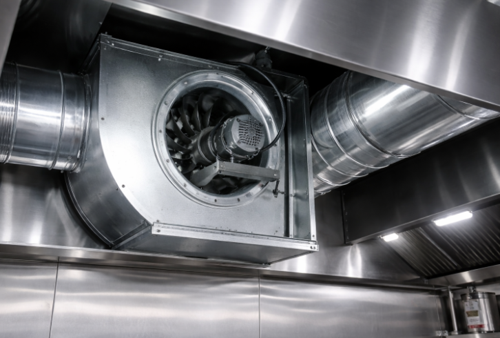 Commercial HVAC exhaust fan and ductwork installed in a stainless steel ventilation system.