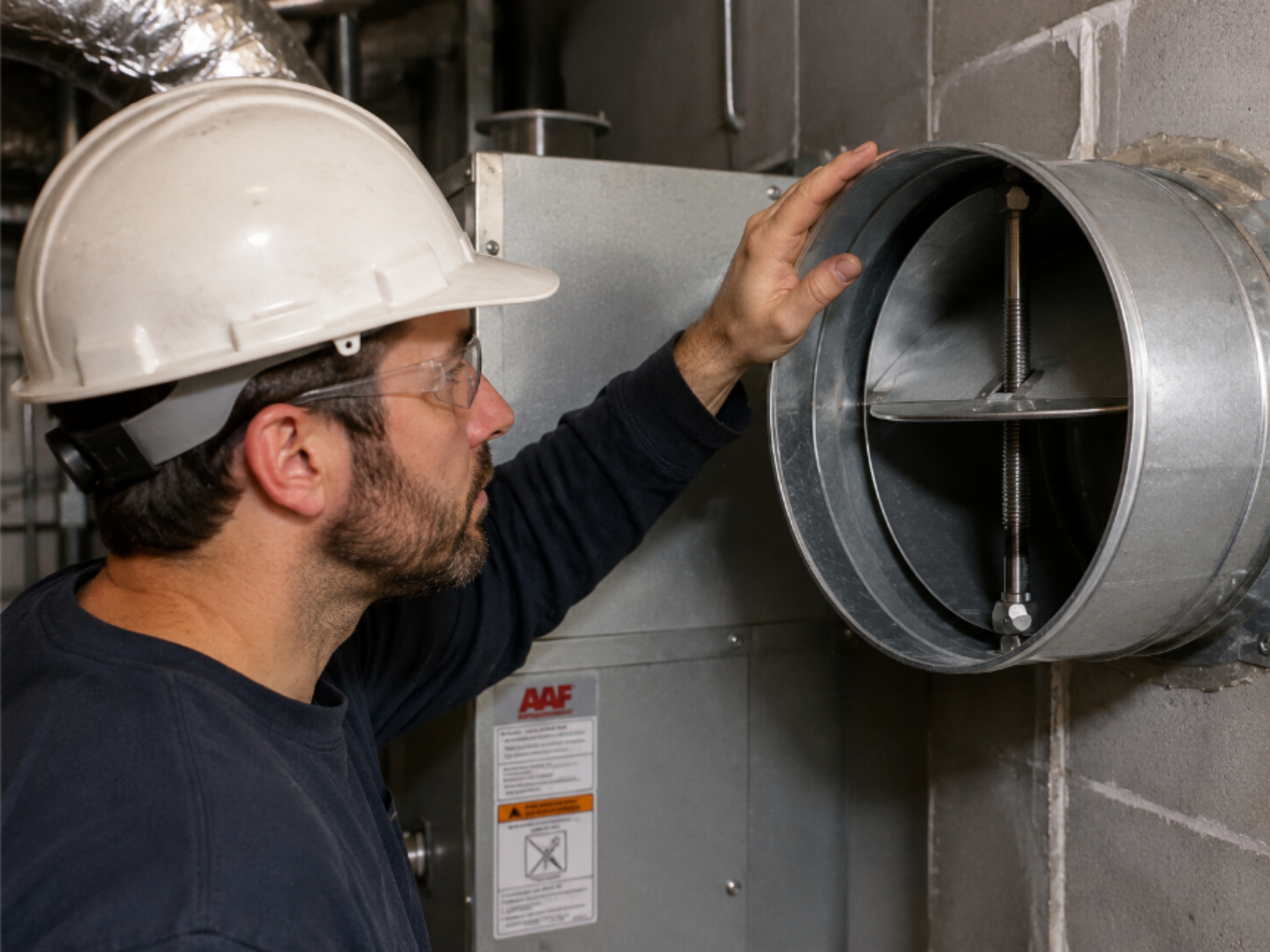 HVAC technician inspecting a round airflow control damper.