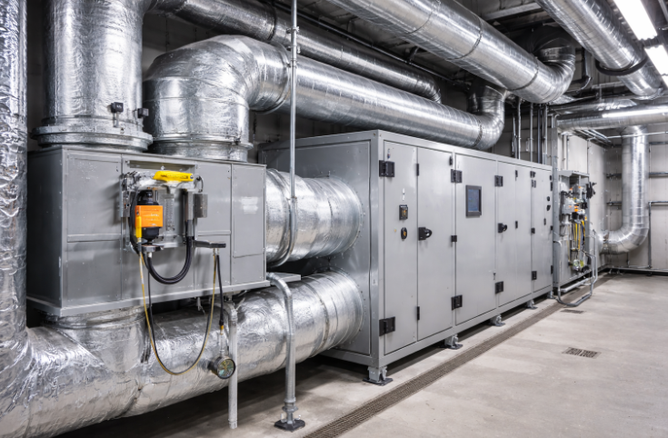 Large commercial HVAC system with insulated ductwork and mechanical units in a utility room.